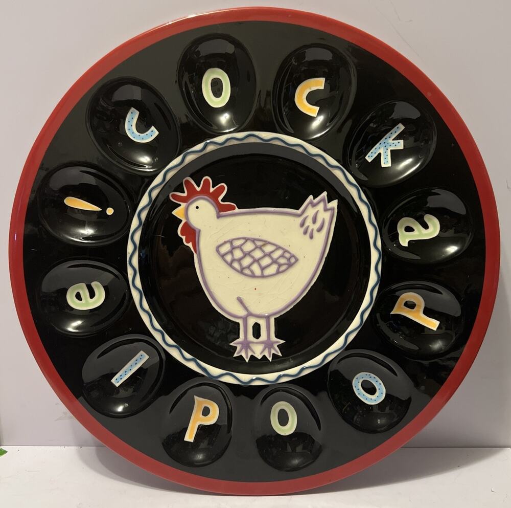 Becky Denny COCKADODDLE! Chicken Rooster 12" Deviled Egg Platter Plate Dish